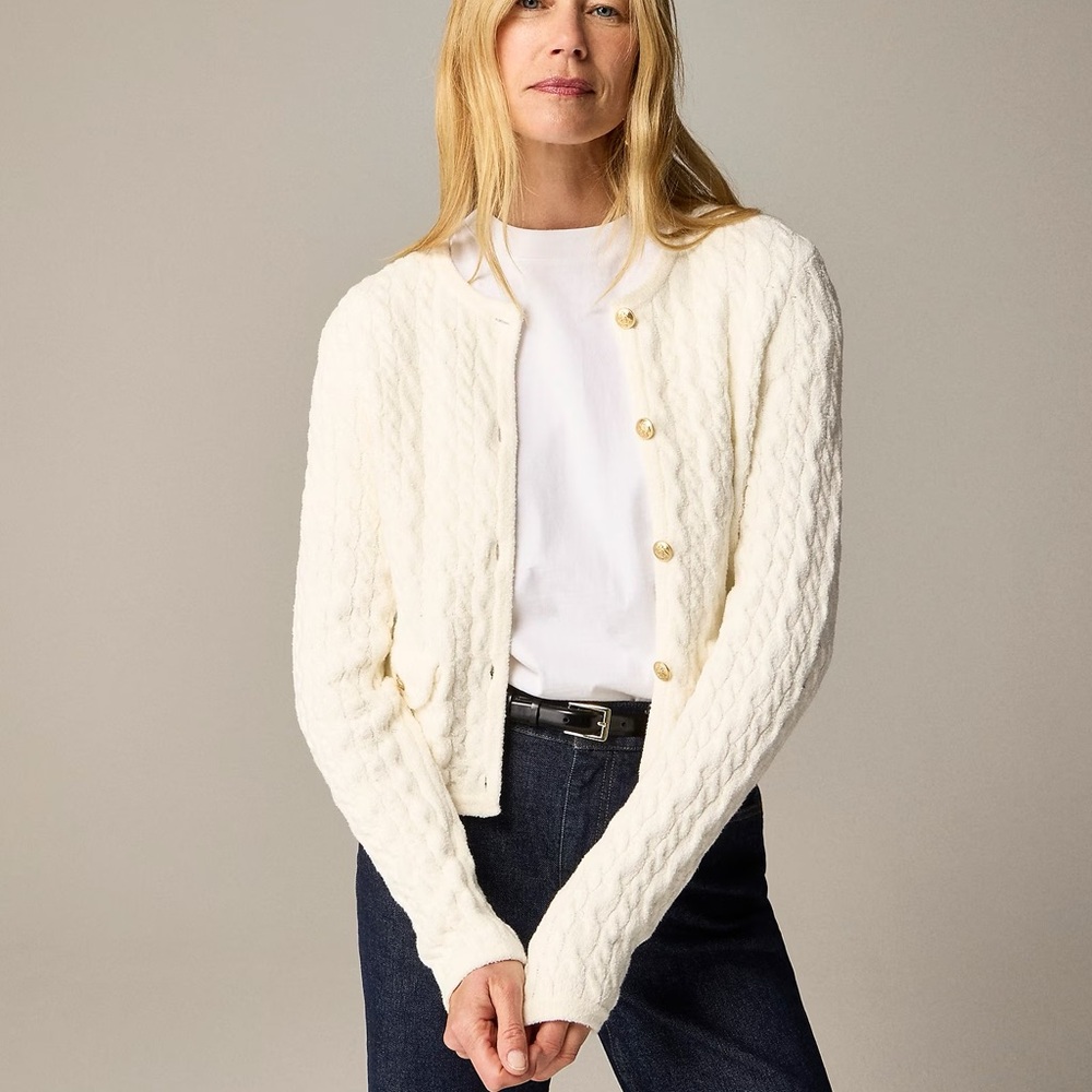 J CREW ODETTE CABLE SWEATER LADY KNIT LADY JACKET IVORY NWT SZ MEDIUM